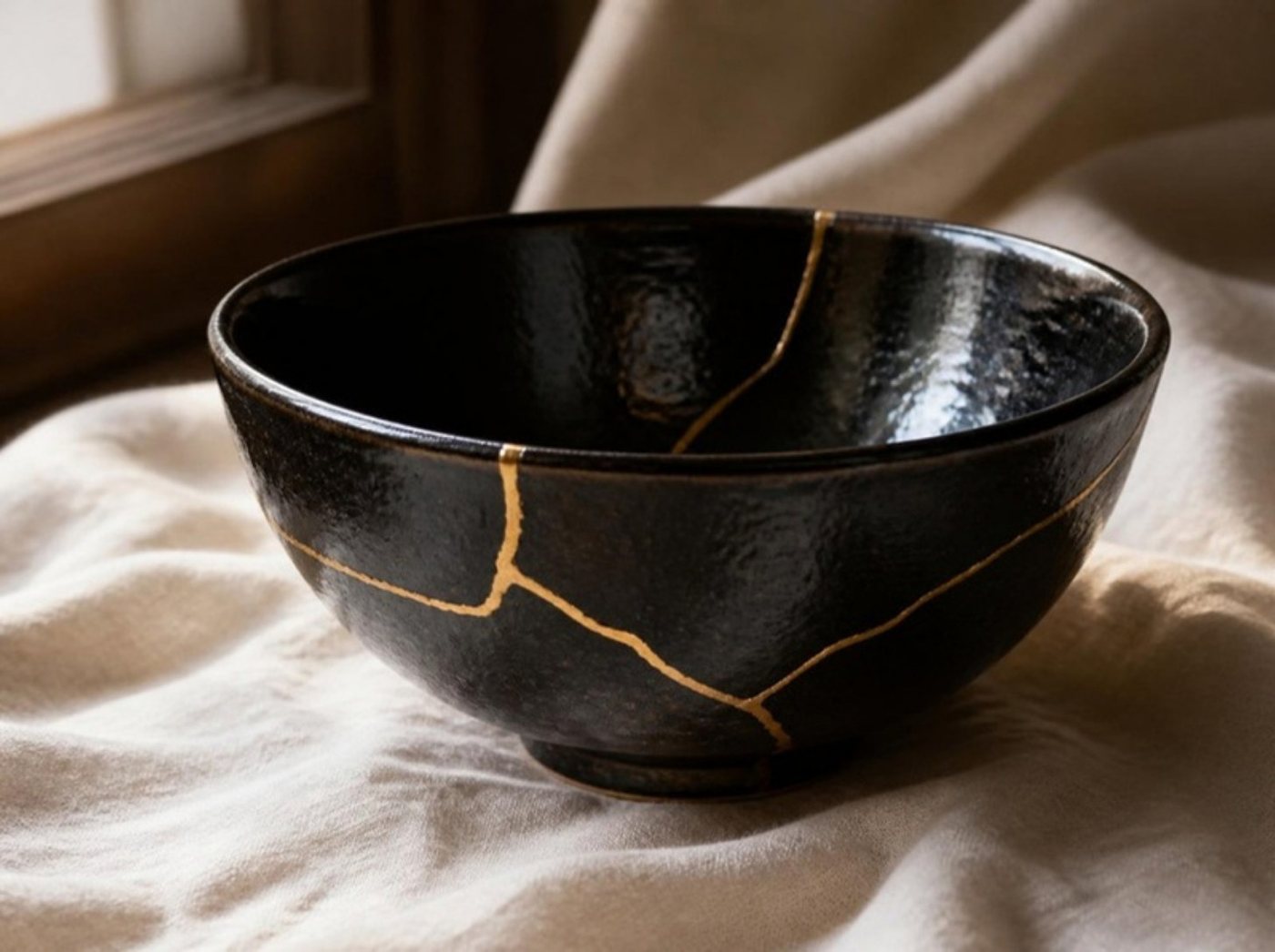 A black kintsugi bowl, its cracks mended with gold, resting on linen