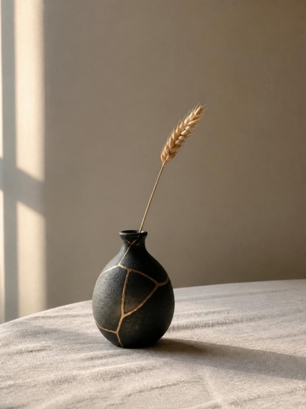 A charcoal kintsugi vase with gold seams, holding a single stem of wheat